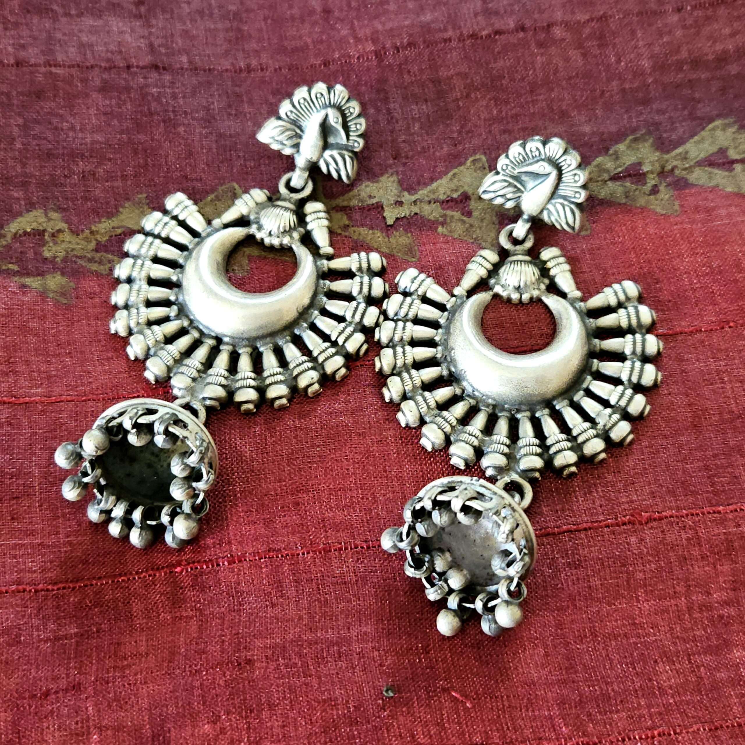 German Silver 92.5 Silver Polish Red Stone Peacok Earrings with Ghungr –  Sheetal's FabFashion